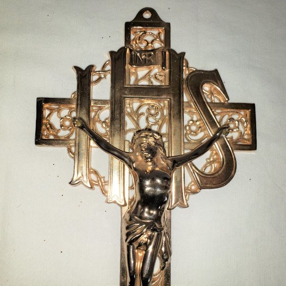 Vintage INRI IHS Gold Toned Filigree Crucifix Wall Mount Christian Decor - Picture 3 of 4